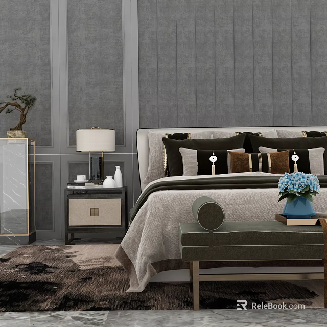Stylish Double Bed in Modern Bedroom with Gray Walls Headboard Decorative Pillows and Blue Flowers 3d model 