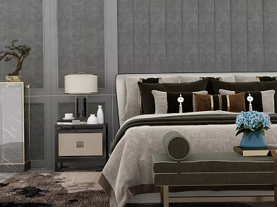 Stylish Double Bed in Modern Bedroom with Gray Walls Headboard Decorative Pillows and Blue Flowers 3d model