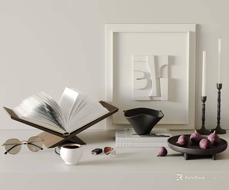 Decorative Ornament Set with Open Book Eyeglasses Coffee Cup Black Bowl Figs and Picture Frame 3d model 