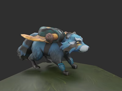 Fantasy Character Riding Blue Gray Raccoon Like Creature With Yellow Wing Armor 3d model