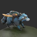 Fantasy Character Riding Blue Gray Raccoon Like Creature With Yellow Wing Armor