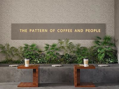 Café Showcasing The Pattern of Coffee and People with Green Plants Wooden Tables Coffee Cups 3d model
