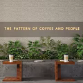 Café Showcasing The Pattern of Coffee and People with Green Plants Wooden Tables Coffee Cups