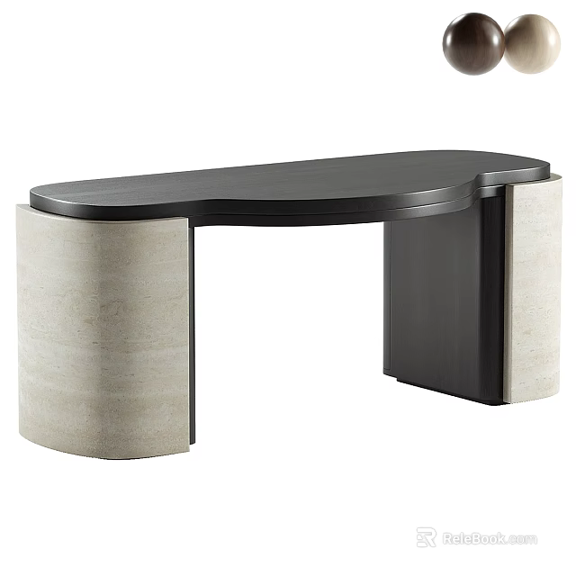 Modern Office Desk With Curved Black Tabletop And Beige Stone Legs 3d model 