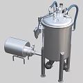 Stainless Steel Industrial Vessel With Blue Hoses Cylindrical Tank And Support Stand