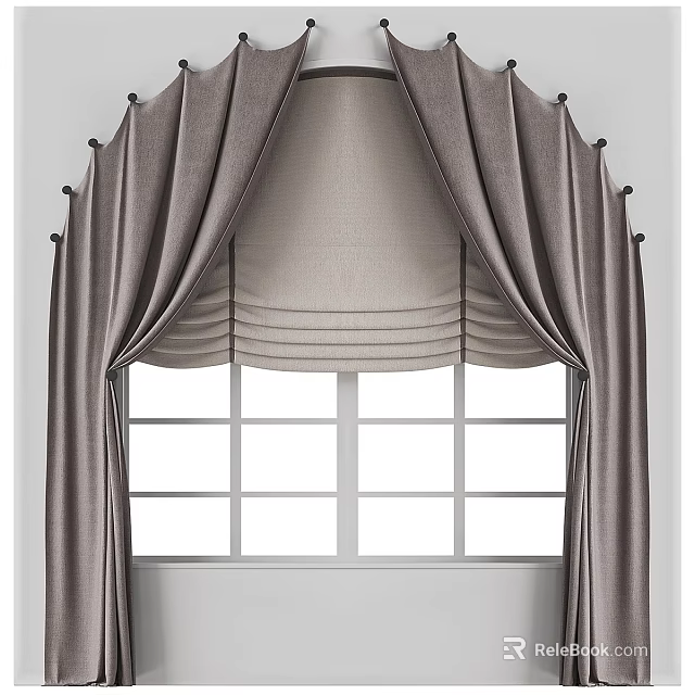 Elegant Gray Pleated Curtains With Double Layer Design For Window Decoration 3d model