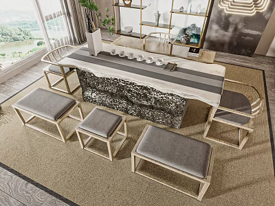 Tea Table Set With Marble Tabletop And Wooden Frame Gray Cushioned Chairs 3d model