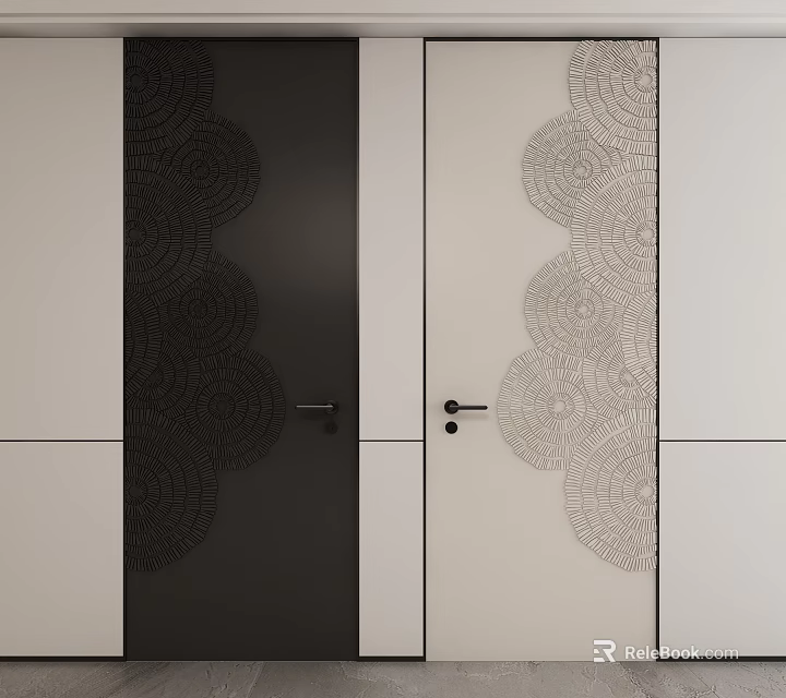 Modern Black And White Hinged Doors With Decorative Circular Patterns For Home Interior 3d model