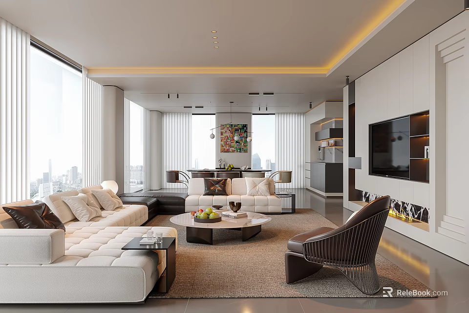 Modern Living Room With City View Large Windows Light Sofa Coffee Table And TV Wall 3d model 