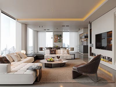Modern Living Room With City View Large Windows Light Sofa Coffee Table And TV Wall 3d model