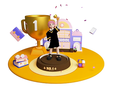 School Themed Window Display With Golden Trophy Figure Books And Confetti 3d model