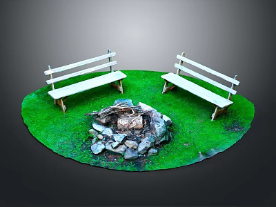 Outdoor Circular Grassy Area With Stone Fire Pit And White Benches 3d model