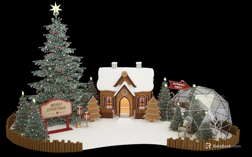 Festive Christmas Photo Spot Featuring Snowy Christmas Tree Gingerbread House And Dome Tent 3d model 