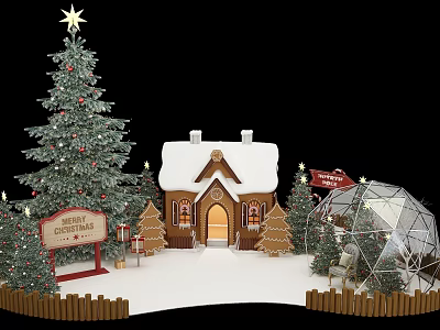 Festive Christmas Photo Spot Featuring Snowy Christmas Tree Gingerbread House And Dome Tent 3d model