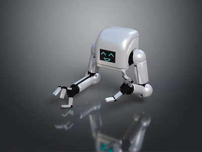 Silver Robot Game Movie Character with Square Head Blue Smiling Face and Mechanical Limbs 3d model