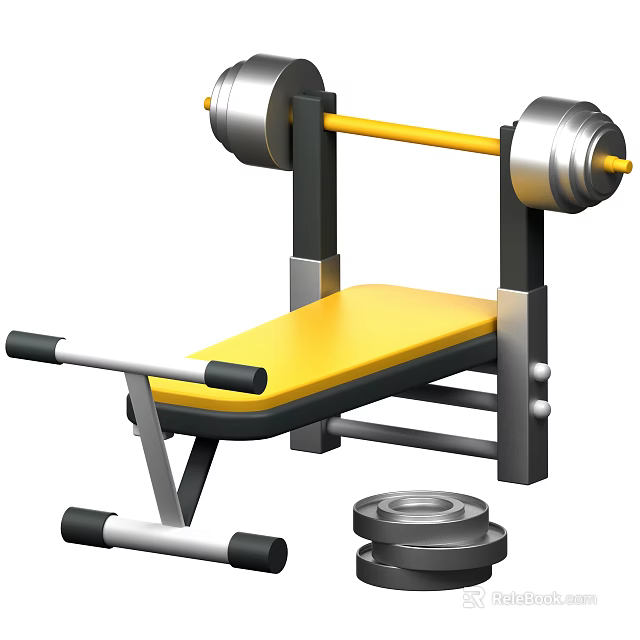 Complete Sports Equipment for Home Workout Including Yellow Weight Bench Barbell and Dumbbells 3d model 