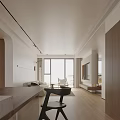 Modern Open Concept Living Dining Room Interior With Wooden Cabinets Dining Table And Windows