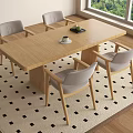 Wooden Dining Table Set With Light Gray Chairs And Black Square Pattern Rug 3d model