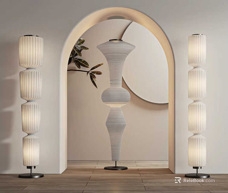 Modern Spiral And Cylindrical Striped Floor Lamps In Arched Doorway Interior With Green Plant 3d model 