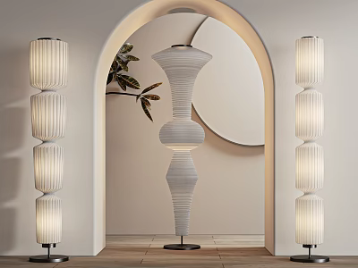 Modern Spiral And Cylindrical Striped Floor Lamps In Arched Doorway Interior With Green Plant 3d model