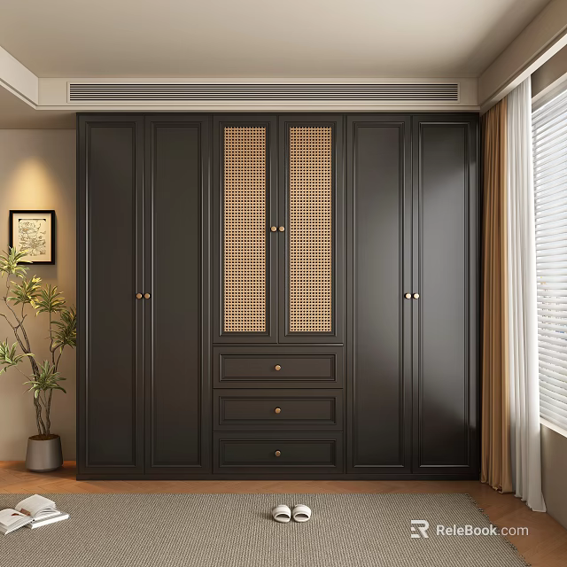 Modern Dark Wardrobe with Central Woven Panel and Bottom Storage Drawers 3d model 