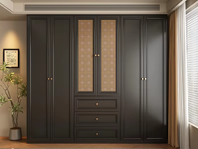 Modern Dark Wardrobe with Central Woven Panel and Bottom Storage Drawers 3d model
