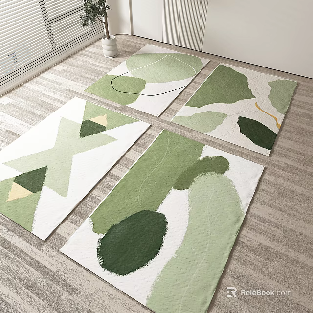 Square Rugs With Green Abstract Leaf Patterns On White Background For Living Room 3d model 