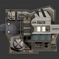 Detailed Cartoon Industrial Scene With Domed Buildings Chimneys Staircases And Red Barrels