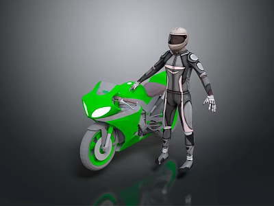 Game Movie Character in Black Gray Tight Suit with Helmet Standing Beside Green Motorcycle 3d model
