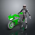 Game Movie Character in Black Gray Tight Suit with Helmet Standing Beside Green Motorcycle