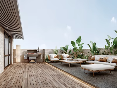 Modern Home Balcony Design With Wooden Deck Sofa Grill And Green Plants 3d model