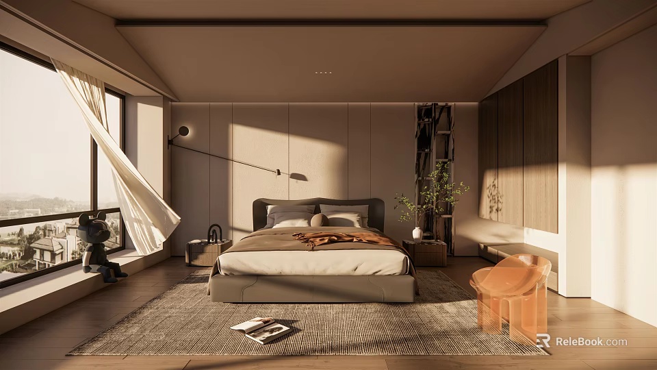 Modern Bedroom Interior With Large Bed Area Rug Natural Light And Accent Chair 3d model 