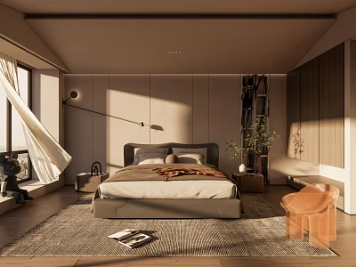 Modern Bedroom Interior With Large Bed Area Rug Natural Light And Accent Chair 3d model