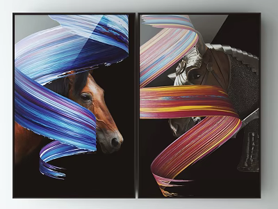 Two Panel Abstract Horse Art With Colorful Streamers On Black Background 3d model