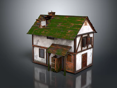Rustic Old Wooden House With Mossy Green Roof White Exterior Walls And Wooden Windows 3d model