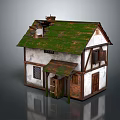 Rustic Old Wooden House With Mossy Green Roof White Exterior Walls And Wooden Windows
