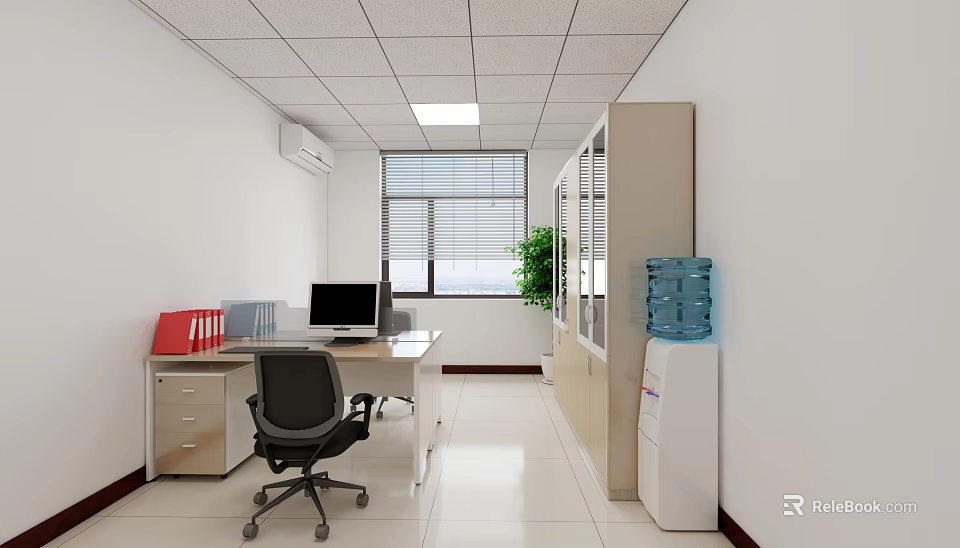 Modern Office Interior With Desk Computer Chair Filing Cabinet Water Dispenser And Green Plant 3d model 