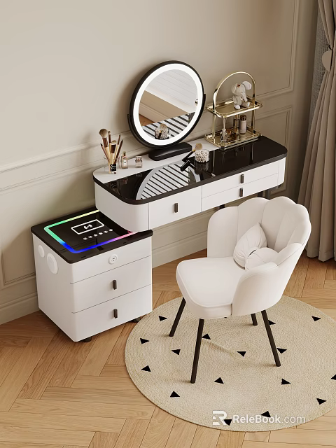 Modern Dressing Table With Black Countertop White Drawers Round Mirror Lighted Cabinet And White Chair 3d model 