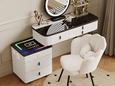 Modern Dressing Table With Black Countertop White Drawers Round Mirror Lighted Cabinet And White Chair 3d model