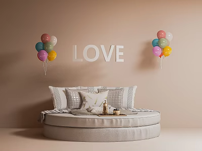 Cozy Round Bed In Room With Pillows Balloons And LOVE Decor 3d model