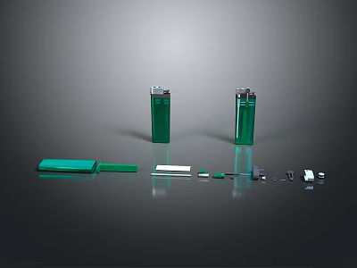 Green Lighters With Various Component Parts For Daily Household Use 3d model