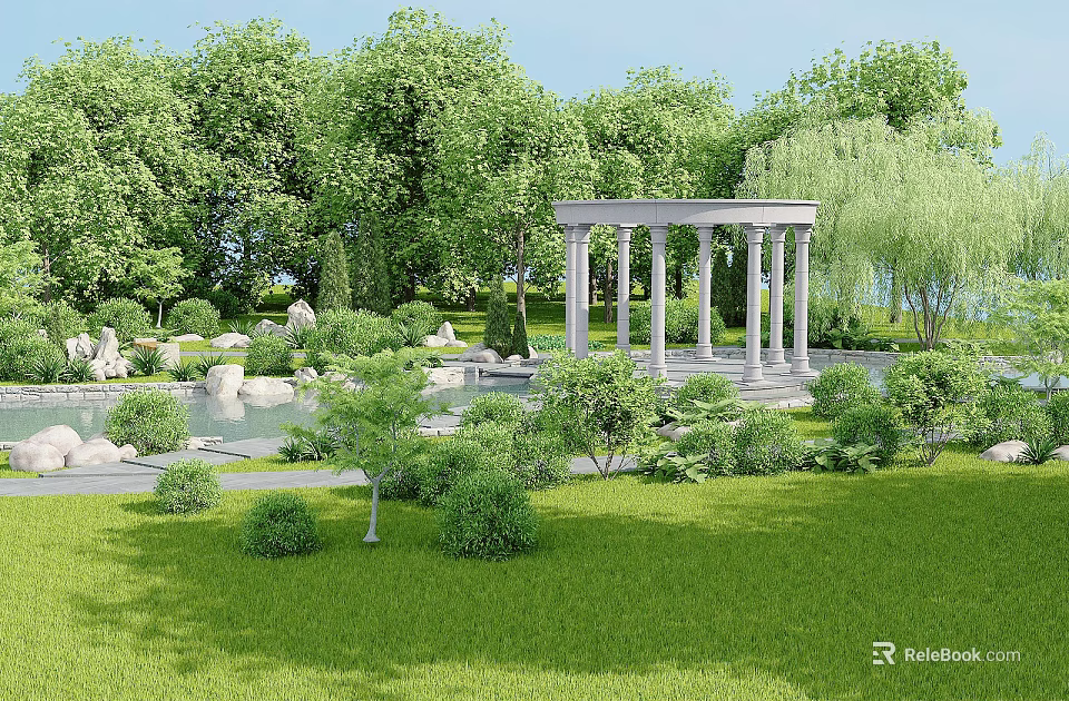 Lush Green Park Landscape With Classical Columned Pavilion Pond Trees Bushes And Rocks 3d model 