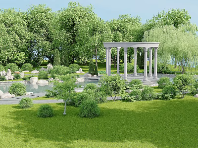 Lush Green Park Landscape With Classical Columned Pavilion Pond Trees Bushes And Rocks 3d model