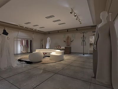 Modern Clothing Store Interior With Mannequins Clothes Racks Display Area And Soft Lighting 3d model