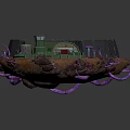 Sci Fi Model Scene Featuring Green Building Fence Vehicles And Purple Tentacles