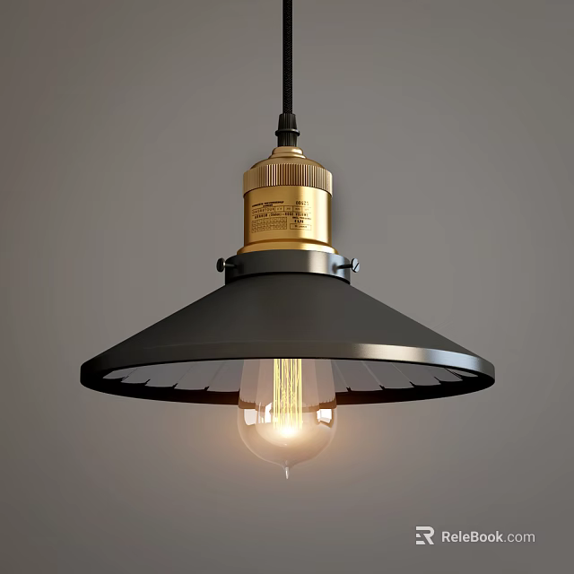 Modern Pendant Light With Black Shade Golden Top And Illuminated Edison Bulb 3d model 