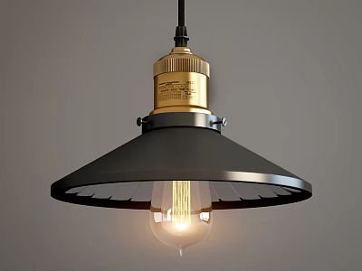 Modern Pendant Light With Black Shade Golden Top And Illuminated Edison Bulb 3d model