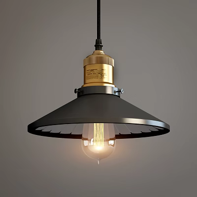 Modern Pendant Light With Black Shade Golden Top And Illuminated Edison Bulb 3d model