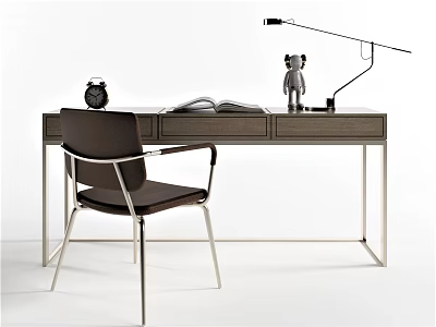 Modern Desk Setup With Chair Table Lamp Alarm Clock Open Book And Teddy Bear Figurine 3d model