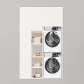 White Laundry Cabinet Interior With Stacked Washer Dryer Open Shelves Small Baskets And Jars